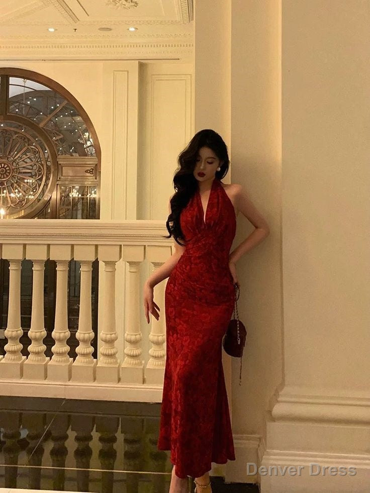 Sexy Sheath V Neckline Red Floral Ankle Length Prom Dress Birthday Dresses