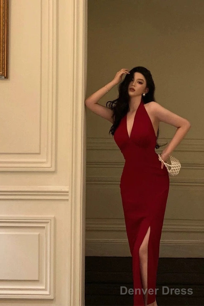 Sexy Sheath V Neckline Red Knee Length Prom Dresses Birthday Outfits