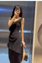 Sexy Sheath V Neckline Ruffled Black Chiffon Beach Dress WomenS Vacation Dresses