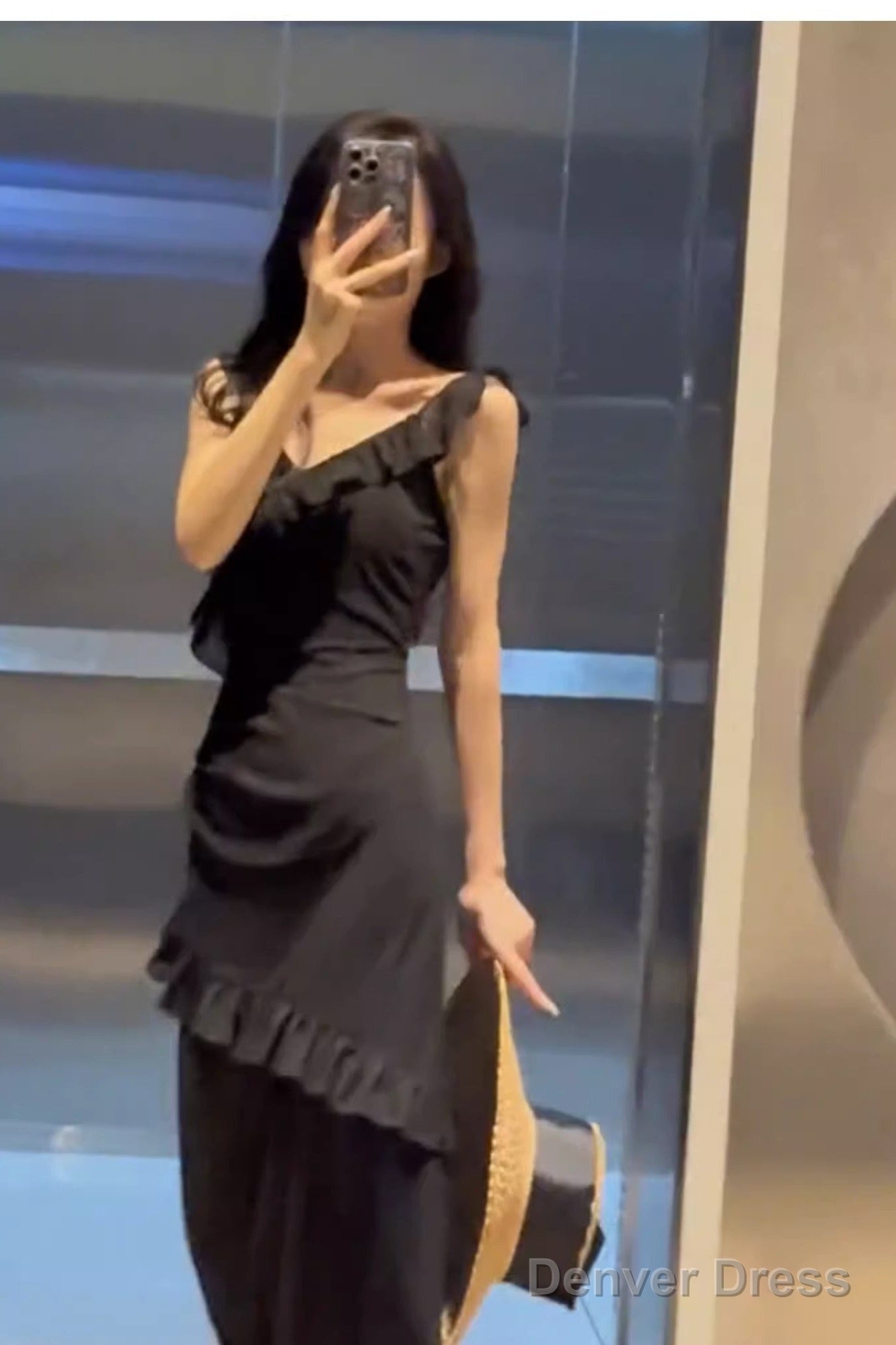 Sexy Sheath V Neckline Ruffled Black Chiffon Beach Dress WomenS Vacation Dresses