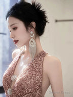 Sexy Sheath V Neckline Sequin Rose Pink Floor Length Prom Dress