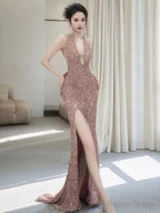 Sexy Sheath V Neckline Sequin Rose Pink Floor Length Prom Dress