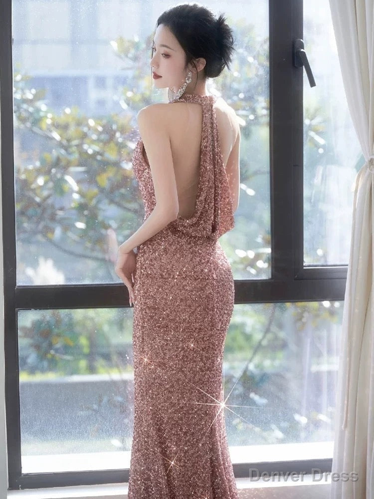 Sexy Sheath V Neckline Sequin Rose Pink Floor Length Prom Dress
