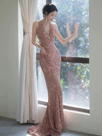 Sexy Sheath V Neckline Sequin Rose Pink Floor Length Prom Dress