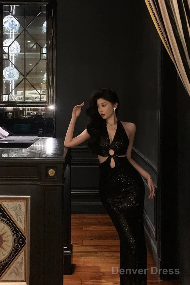 Sexy Sheath V Neckline Sleeveless Black Sequin Prom Dresses Birthday Outfits Secondary image