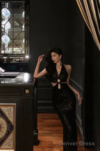 Sexy Sheath V Neckline Sleeveless Black Sequin Prom Dresses Birthday Outfits