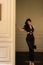 Sexy Sheath V Neckline Sleeveless Black Sequin Prom Dresses Birthday Outfits