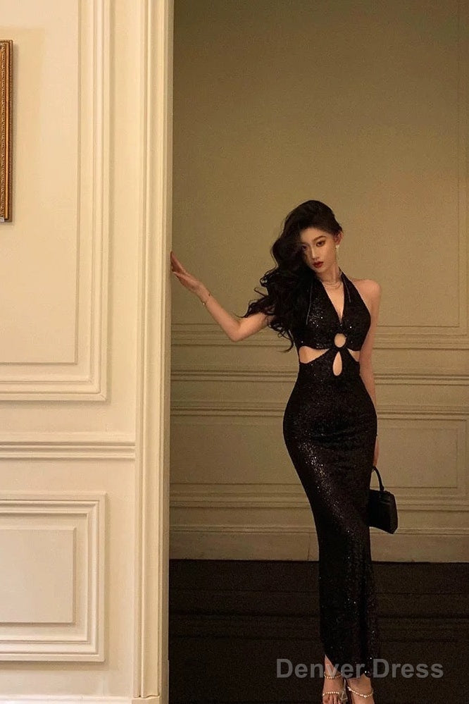 Sexy Sheath V Neckline Sleeveless Black Sequin Prom Dresses Birthday Outfits