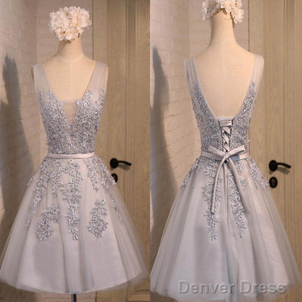 Sexy Short A-Line Deep V Neck V-Back Sleeveless Lace Up Back Organza Appliques Homecoming  Dress Main image