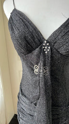 Sexy Silver-Black Mermaid Ruffled Deep V Halter Shimmering Long Prom Dresses Evening Dresses