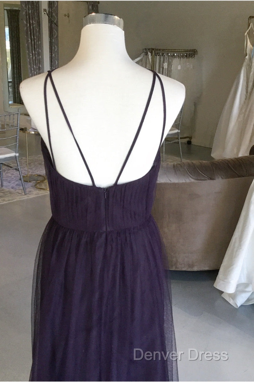 Sexy Spaghetti Straps Long Tulle Cross Back Bridesmaid Dresses