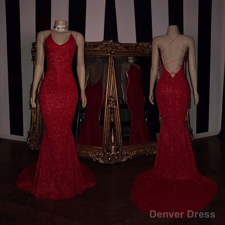Sexy Spaghetti Straps Red Mermaid Prom Dress Sequins Chiffon Long Secondary image