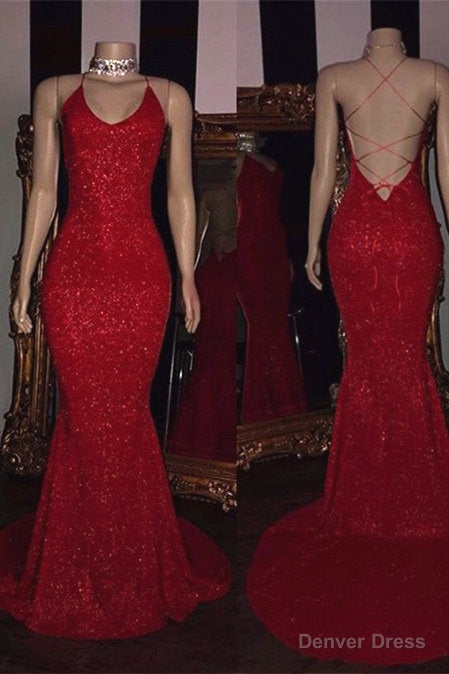 Sexy Spaghetti Straps Red Mermaid Prom Dress Sequins Chiffon Long Main image