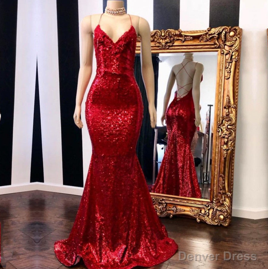 Sexy Spaghetti Straps V-Neck Mermaid Prom Dress Sequins Red Long Secondary image