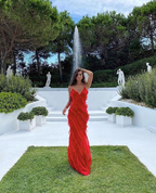 Red Backless Long Prom Dresses With Ruffle