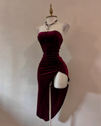Sexy Strapless Slit Prom Dress Burgundy Birthday Dresses