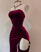Sexy Strapless Slit Prom Dress Burgundy Birthday Dresses