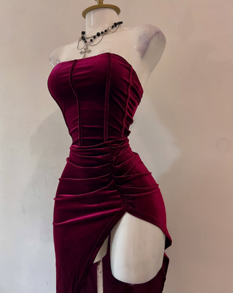 Sexy Strapless Slit Prom Dress Burgundy Birthday Dresses
