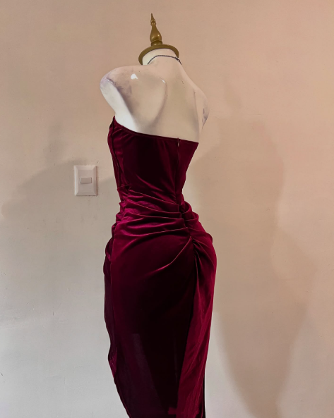 Sexy Strapless Slit Prom Dress Burgundy Birthday Dresses