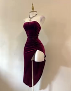 Sexy Strapless Slit Prom Dress Burgundy Birthday Dresses