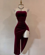 Sexy Strapless Slit Prom Dress Burgundy Birthday Dresses