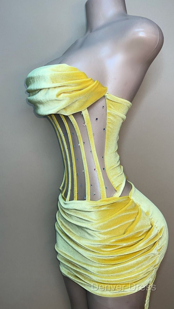 Sexy Strapless Yellow Velvet Prom Dress ,Charming Homecoming Dresses