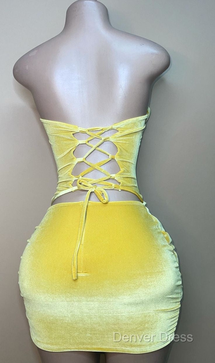 Sexy Strapless Yellow Velvet Prom Dress ,Charming Homecoming Dresses