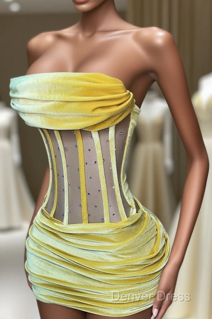 Sexy Strapless Yellow Velvet Prom Dress ,Charming Homecoming Dresses Main image