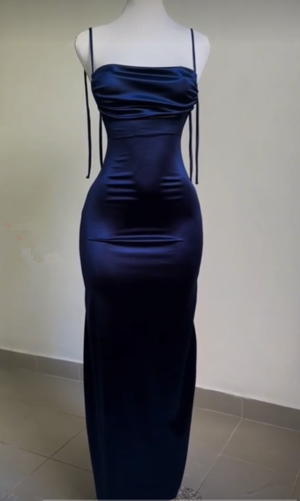 Sexy Sheath Spaghetti Straps Backless Navy Blue Satin Prom Dress Secondary image