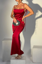 Sexy Sheath Spaghetti Straps Backless Navy Blue Satin Prom Dress