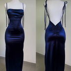 Sexy Sheath Spaghetti Straps Backless Navy Blue Satin Prom Dress