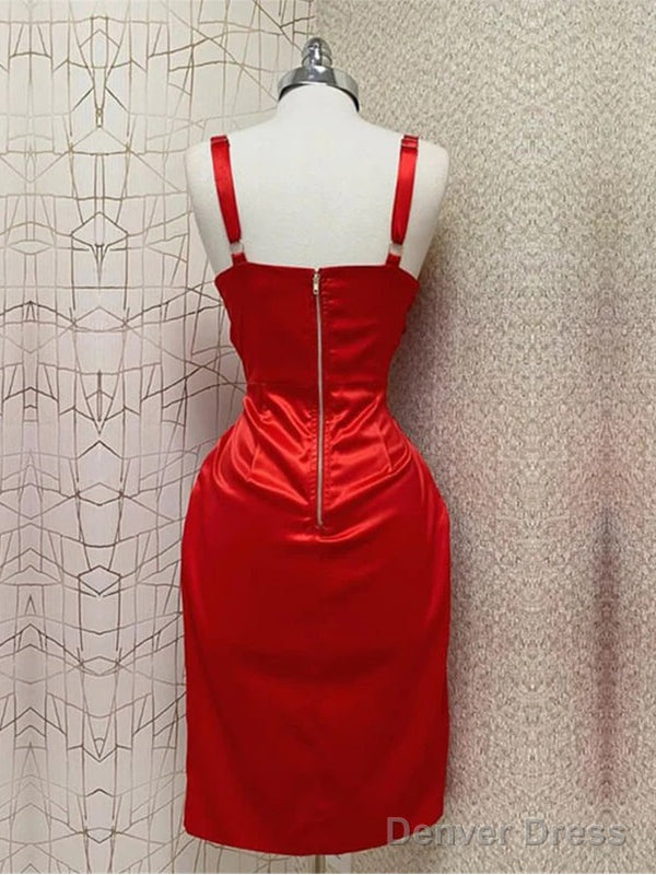 Sexy Straps Mermaid Sleeveless Satin Red Homecoming Dresses With Side Slit, Secondary image