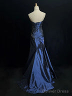 Sexy Sweetheart Sleeveless Mermaid Satin Long Navy Blue Prom Dresses