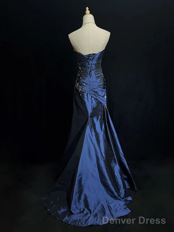 Sexy Sweetheart Sleeveless Mermaid Satin Long Navy Blue Prom Dresses