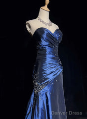 Sexy Sweetheart Sleeveless Mermaid Satin Long Navy Blue Prom Dresses