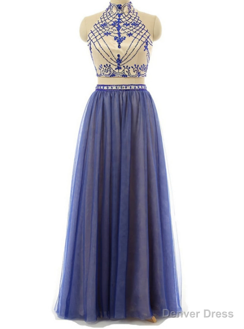 Sexy Two Piece Prom/Evening Dress Royal Blue Tulle Floor-Length Backless Beaded Party Dress Main image