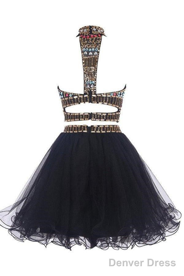 Sexy Two Pieces Backless Black Homecoming Prom Dresses