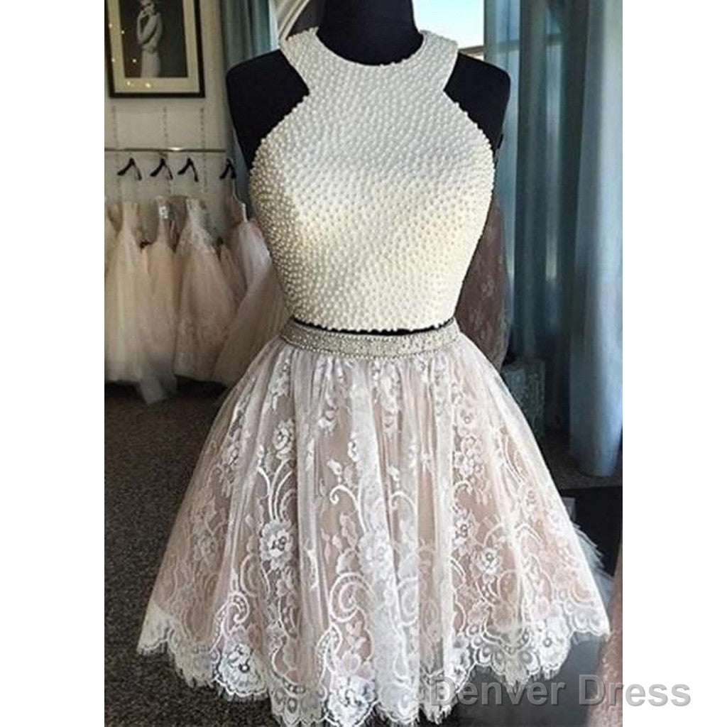 Sexy Two Pieces Halter Lace Skirt Pearls Bodice Cute Homecoming Dresses