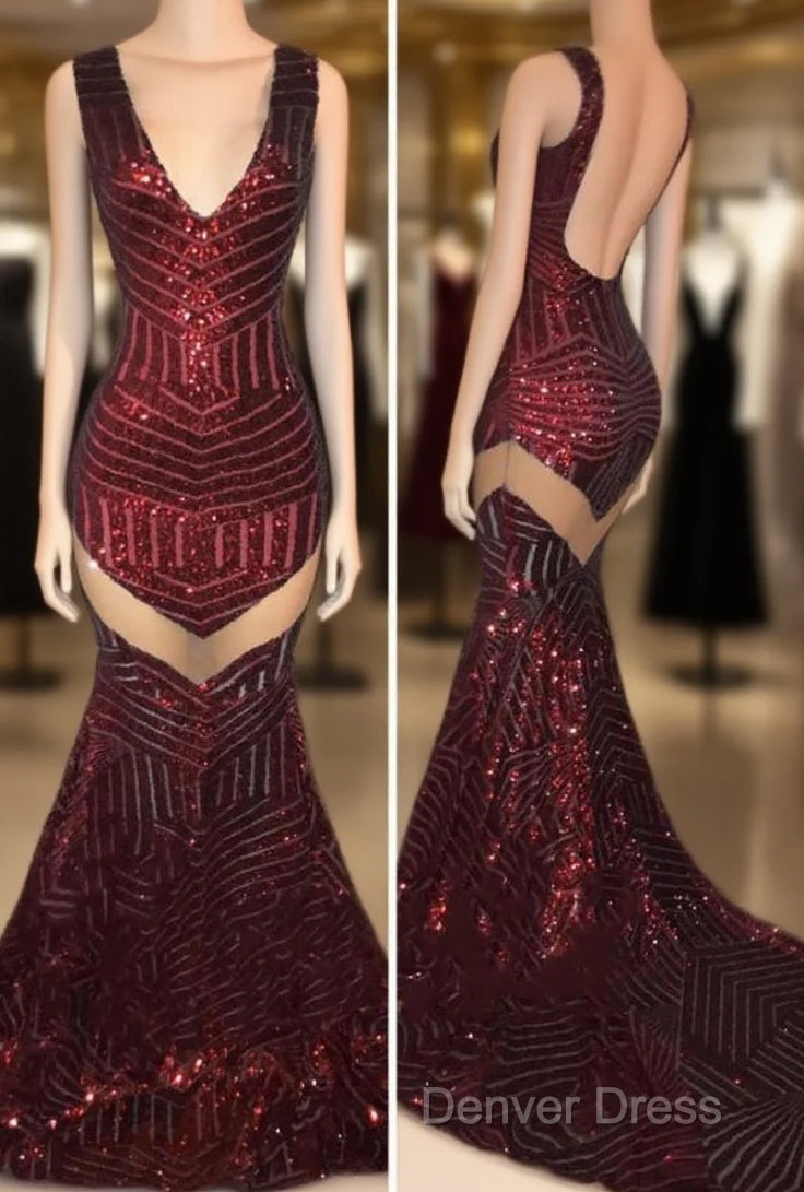 Sexy V-Neck Black Sequined Burgundy Prom Dresses Main image