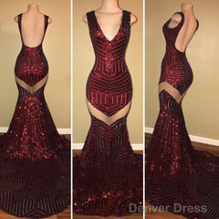 Sexy V-Neck Black Sequined Burgundy Prom Dresses
