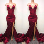 Sexy V-neck Chiffon Mermaid Prom Dress Long With Split Burgundy