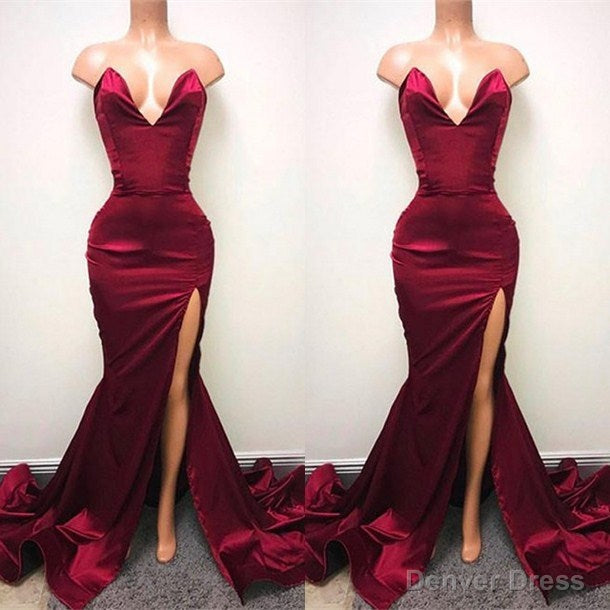 Sexy V-neck Chiffon Mermaid Prom Dress Long With Split Burgundy