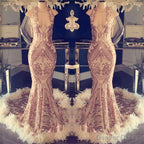 Sexy V-neck Halter Mermaid Prom Dress Gold Sequins Long Backless