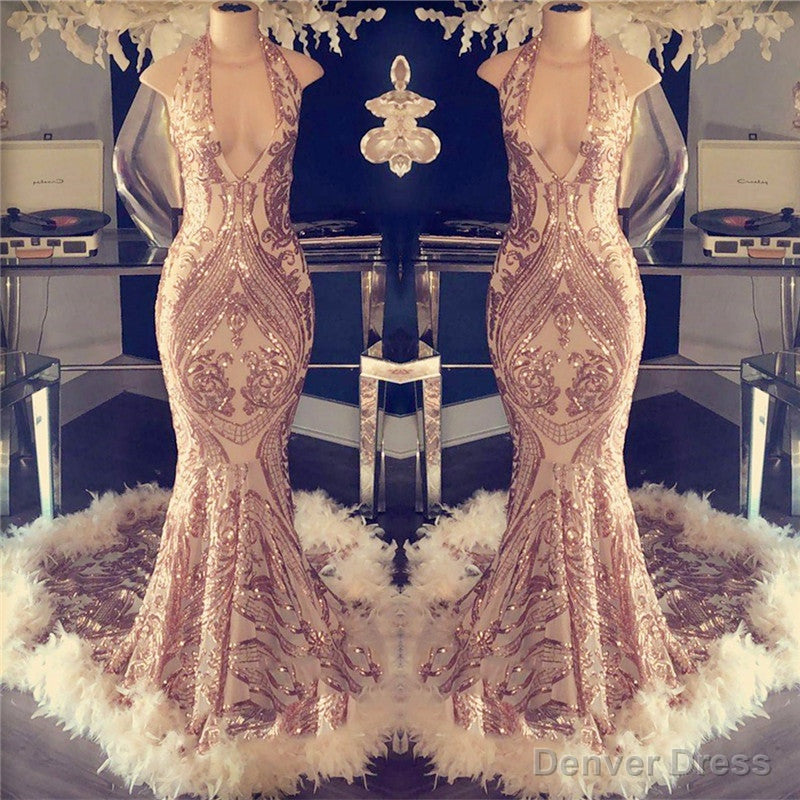 Sexy V-neck Halter Mermaid Prom Dress Gold Sequins Long Backless