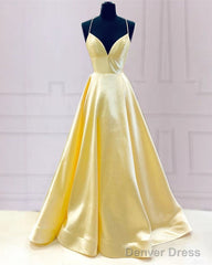 Sexy V Neck Open Back Satin Prom Dresses