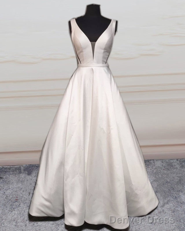 Sexy V Neck Open Back Wedding Dresses Satin