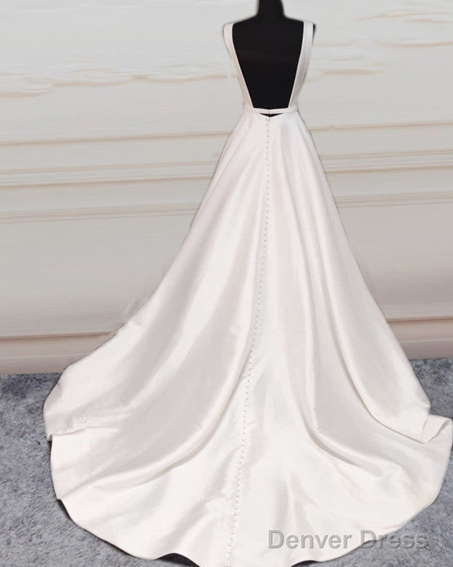 Sexy V Neck Open Back Wedding Dresses Satin