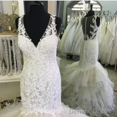 Sexy V Neck Organza Ruffles Mermaid Wedding Dresses Lace