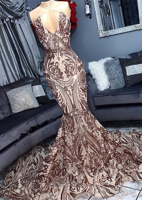 Sexy V Neck Sequins Sleeveless Mermaid Floor Length Prom Dresses Secondary image