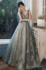 Sexy V-Neck Shoulder Straps Sleeveless Gray Glitter Evening Gown With Train Prom Dress